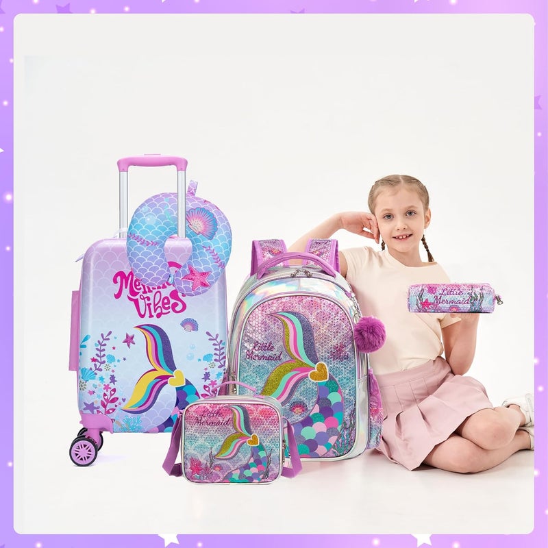 Inprof Cute Pink Mermaid Kid’s Luggage Set 5 Piece Suitcase Set 16’’ Hardside Luggage with Spinner Wheels Girls Boys Carry on Toddler Luggage Travel Rolling Luggage Carry on Luggage Airline Approved - Image 5